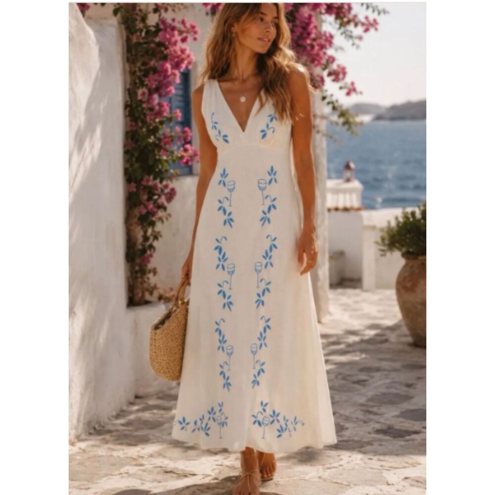 Milk & Honey Women's Floral Embroidered Smocked Cotton Maxi Dress Party Ivory